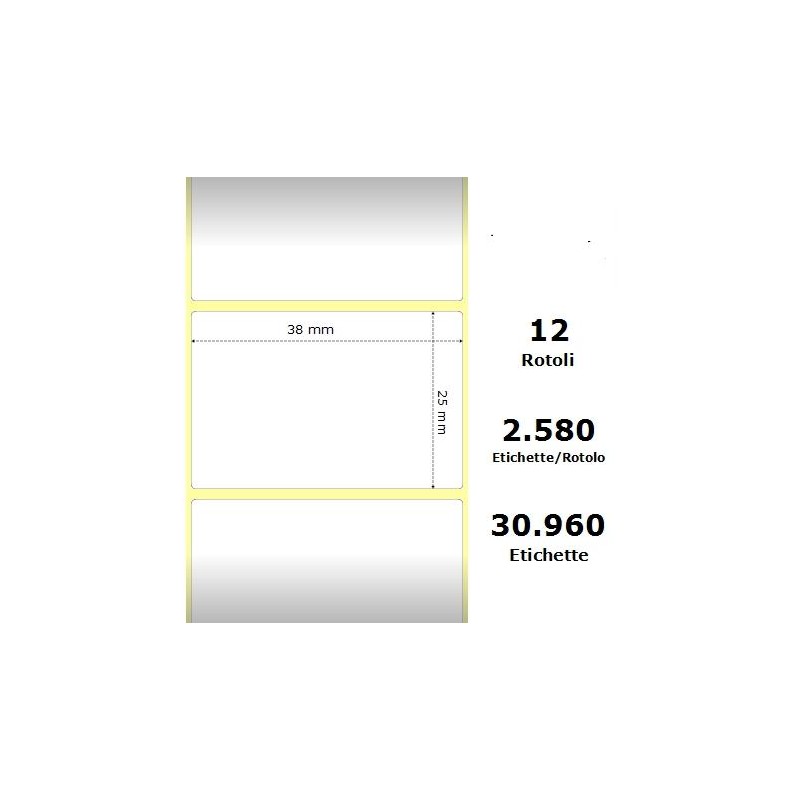 White 38x25mm, 2580 Et/Rotolo Z-1000D,1.5x1x1 Core ,12 Rolls