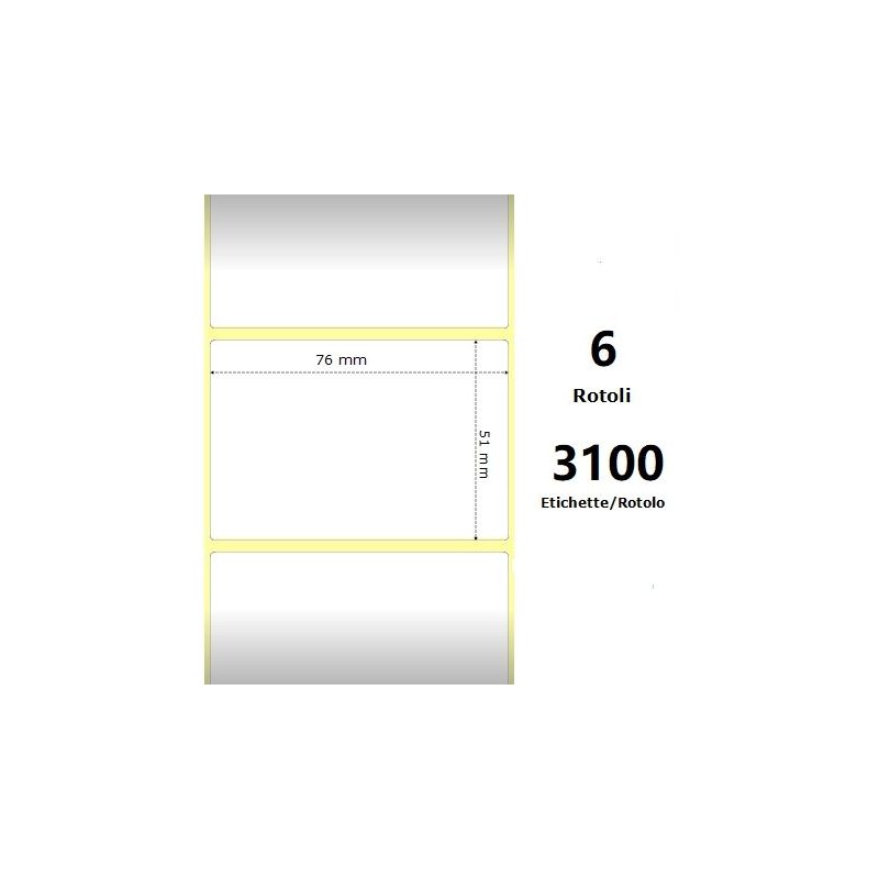 White 76x51mm,3100 Et/Rotolo Z-1000D, 3x2x3 Core, 6 Rolls White 76x51mm,3100 Et/Rotolo Z-1000D, 3x2x3 Core, 6 Rolls