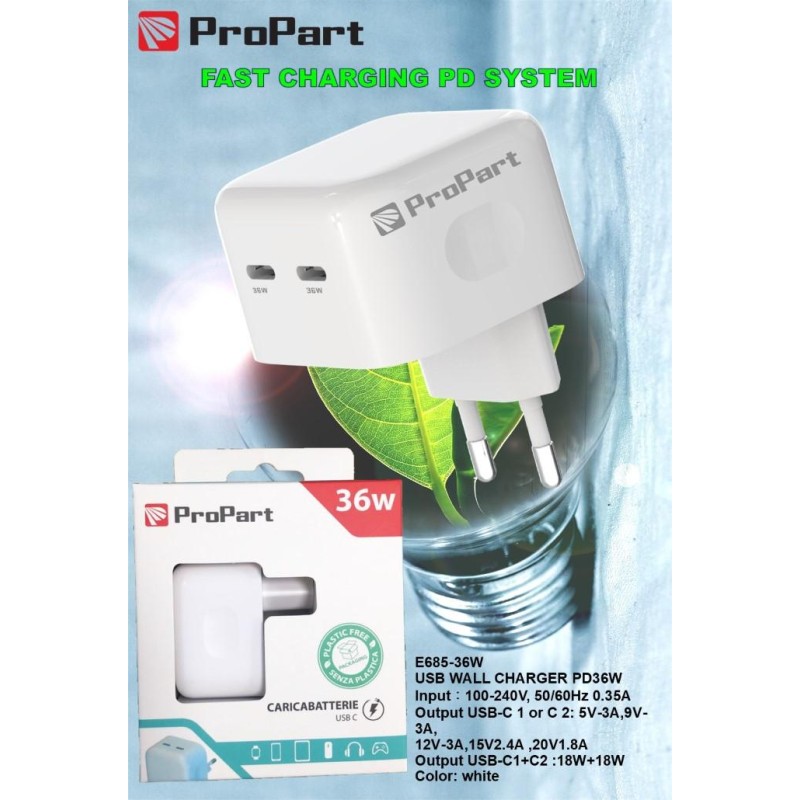 Caricabatteria 36 Watt 2 Prese USB-C Modello E685-36W Caricabatteria 36 Watt 2 Prese USB-C Modello E685-36W